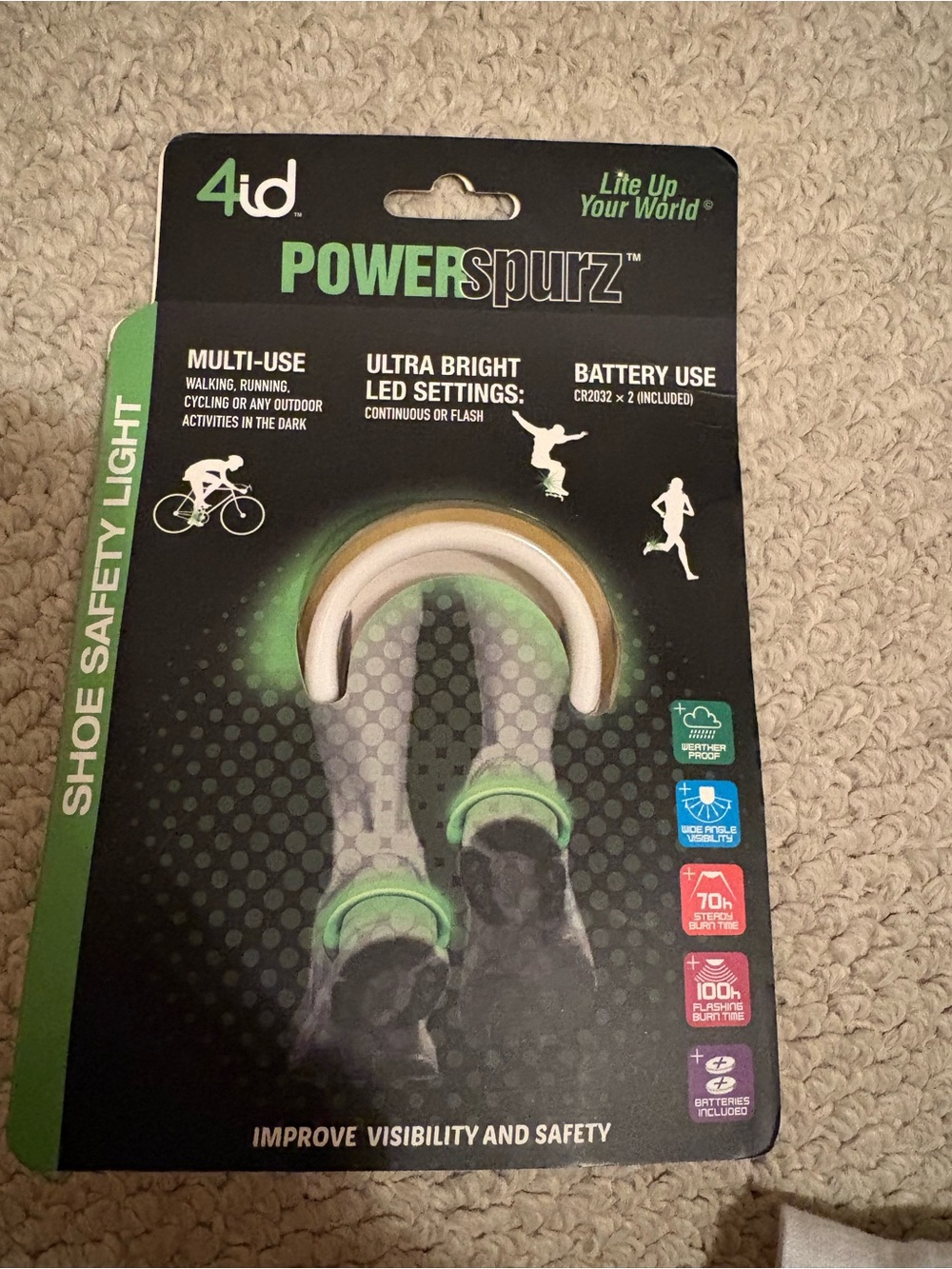 POWERspurz Green Shoe Safety Light - Ultra Bright LED 4id nwt